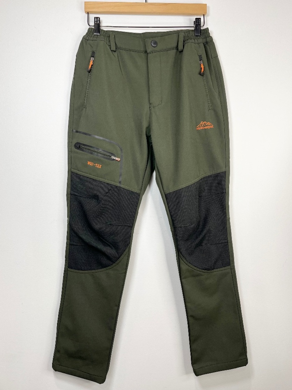 Outdoor Sport Fleece Lined Hiking Work Pants in Green Black softshell Wei-Tex